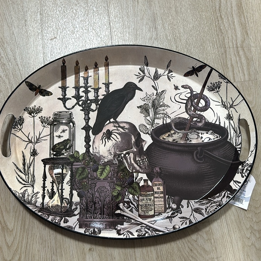 Metal skull and raven tray